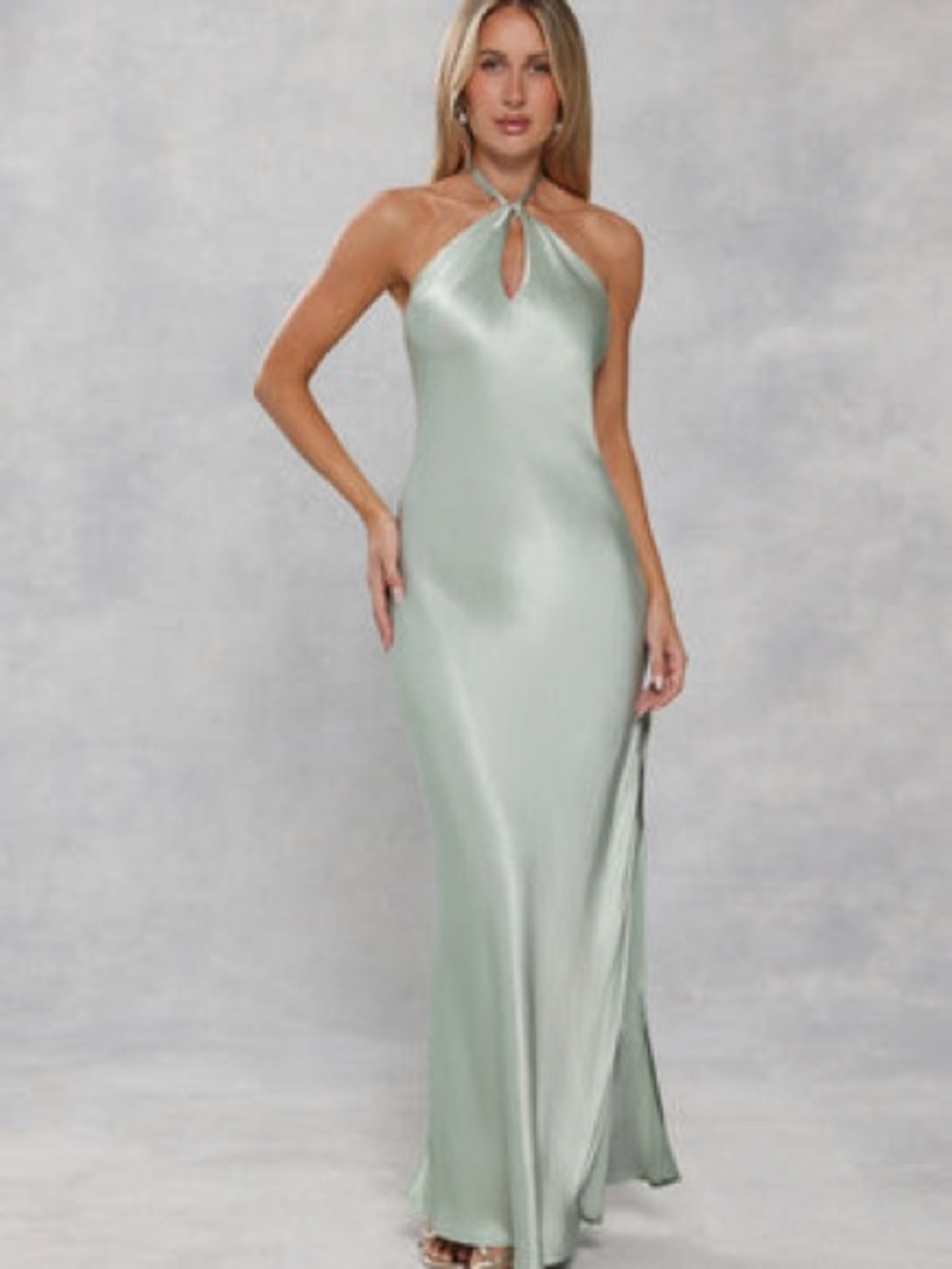 Hello Molly Satin Halter Maxi Dress in Sage
